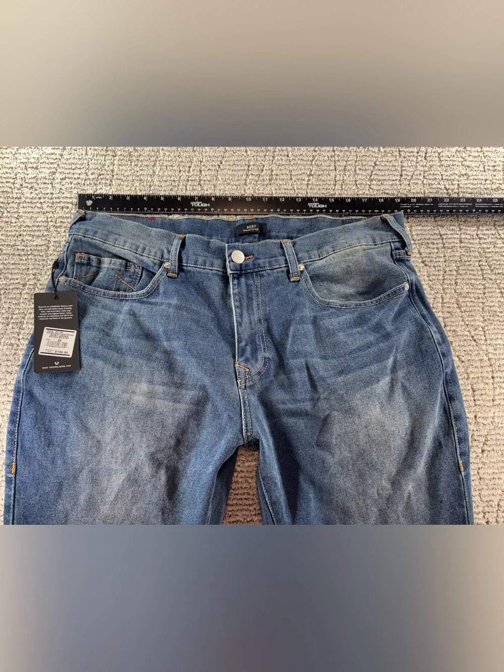 NWT True Religion 38/34 Medium Ocean Storm Ricky Ladder Stitch Straight Jeans
